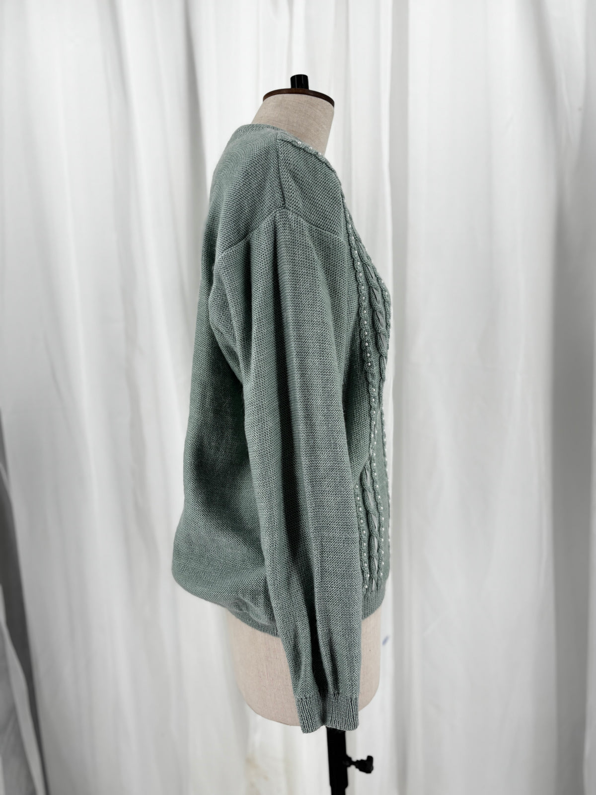 Sage Green Cable Knit Jumper with Pearl and Ribbon Details, UK 12/14