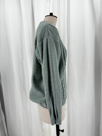 Sage Green Cable Knit Jumper with Pearl and Ribbon Details, UK 12/14