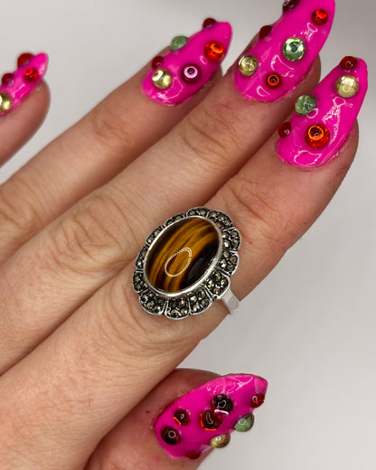 Vintage Sterling Silver Tigers Eye Ring with Marcasites, size L