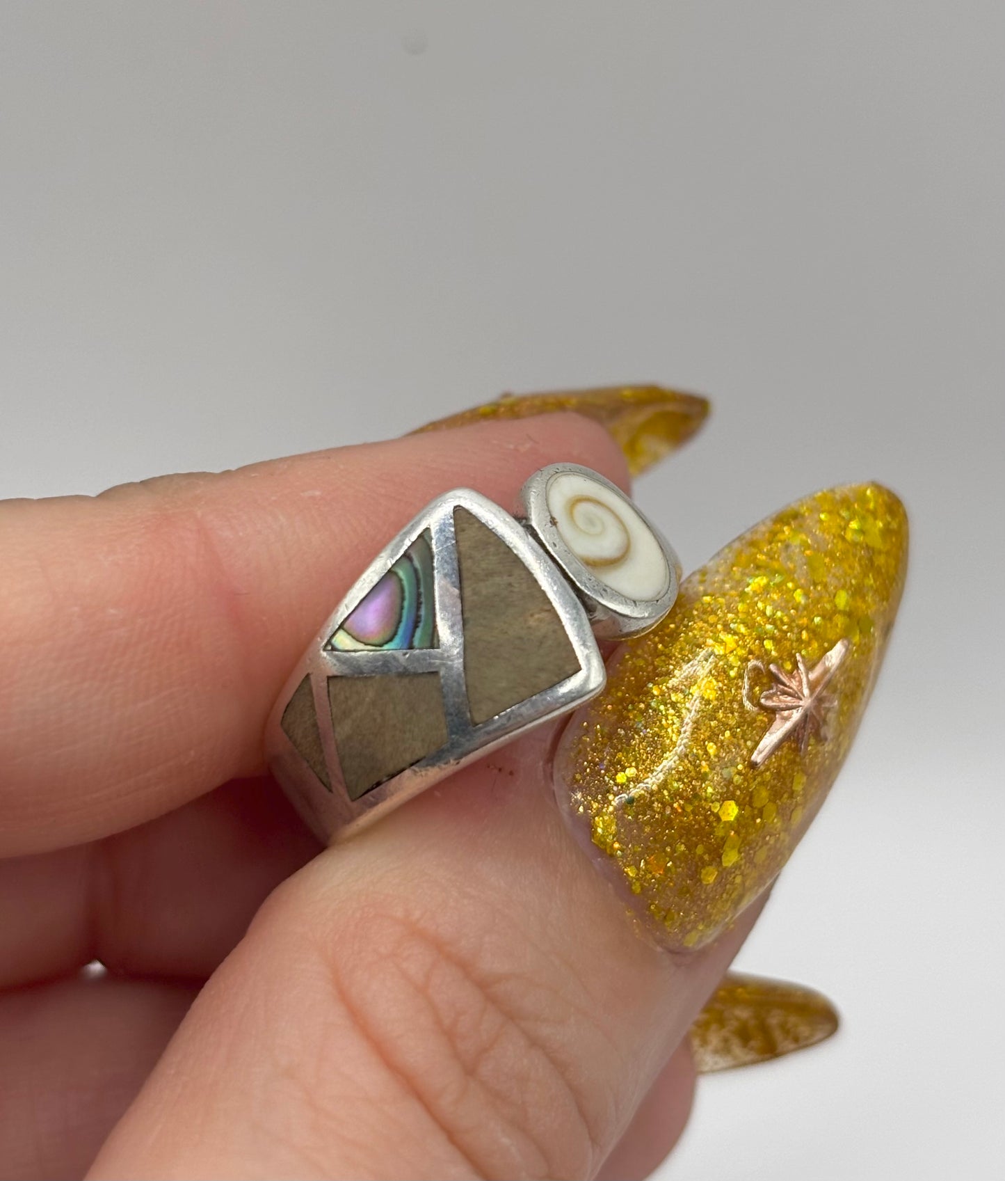 Sterling Silver Ring with Shiva and Abalone, Size M1/2