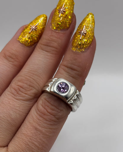 Sterling Silver Chunky Ring with Purple Stone, Size M1/2