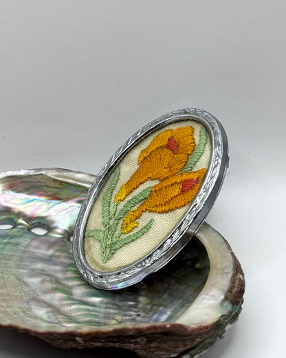 1940s Embroidered Handmade Brooch / Yellow Flowers