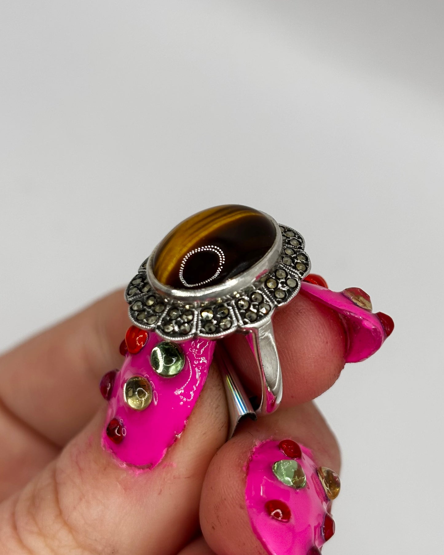 Vintage Sterling Silver Tigers Eye Ring with Marcasites, size L