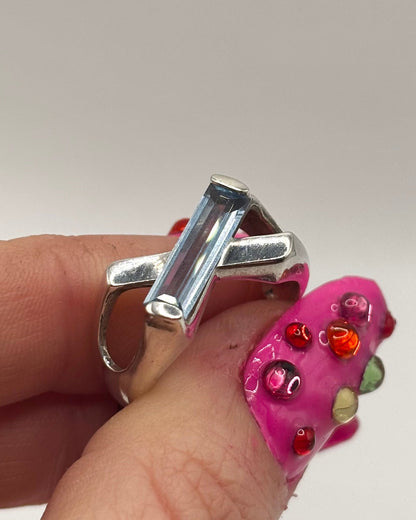 Vintage Sterling Silver Cross Ring with Blue Stone, size Q