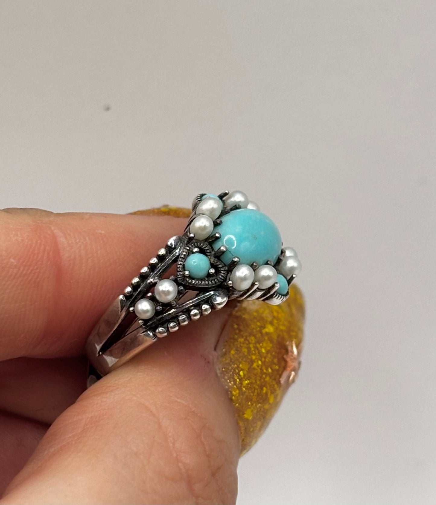 Vintage Sterling Silver Ring with Turquoise and Pearls UK Size P