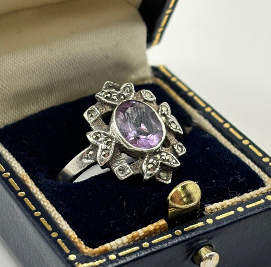 Vintage Silver Ring Amethyst & Marcasite size O1/2