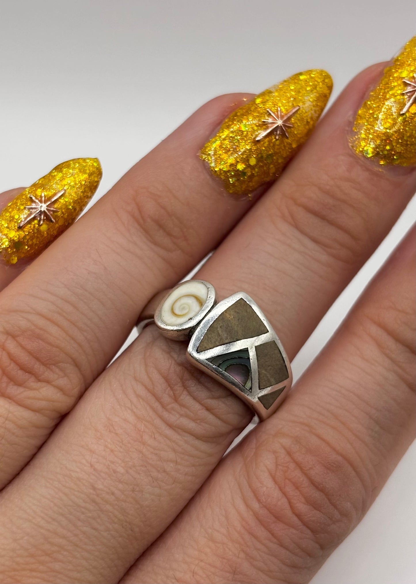 Sterling Silver Ring with Shiva and Abalone, Size M1/2