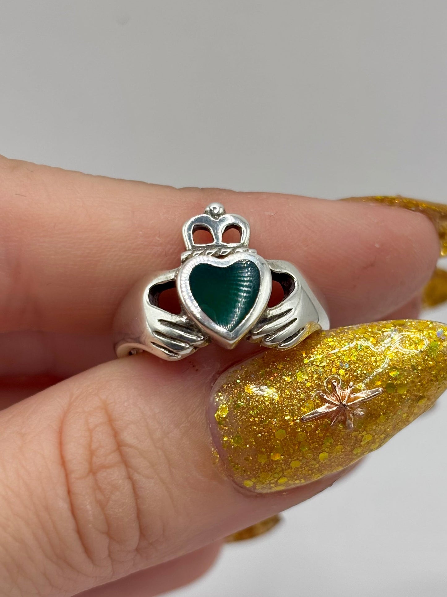 Sterling Silver Claddagh Ring with Green Heart, Size K1/2