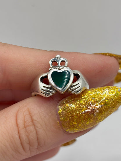 Sterling Silver Claddagh Ring with Green Heart, Size K1/2