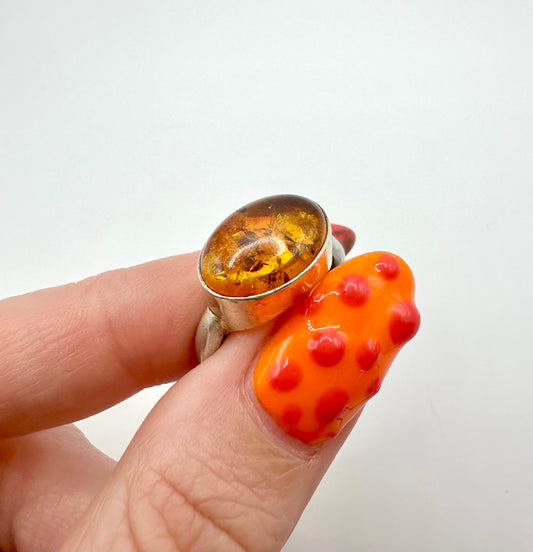 Vintage 925 Silver Ring with Amber, UK M1/2