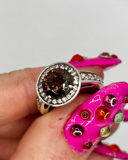 Vintage Sterling Silver Halo Ring with Orange Stone, size I1/2