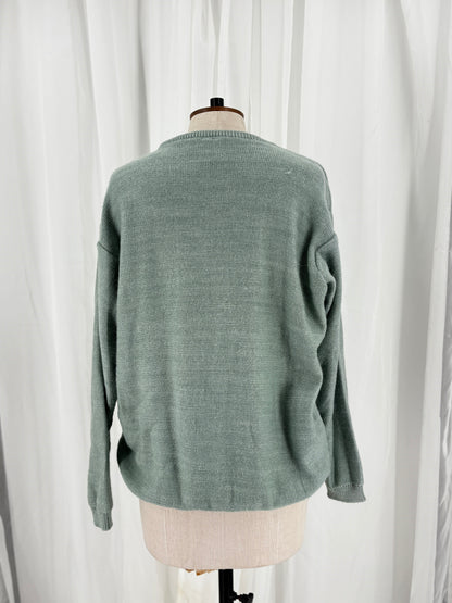 Sage Green Cable Knit Jumper with Pearl and Ribbon Details, UK 12/14