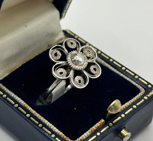 Vintage Filigree Flower Silver Ring size O1/2