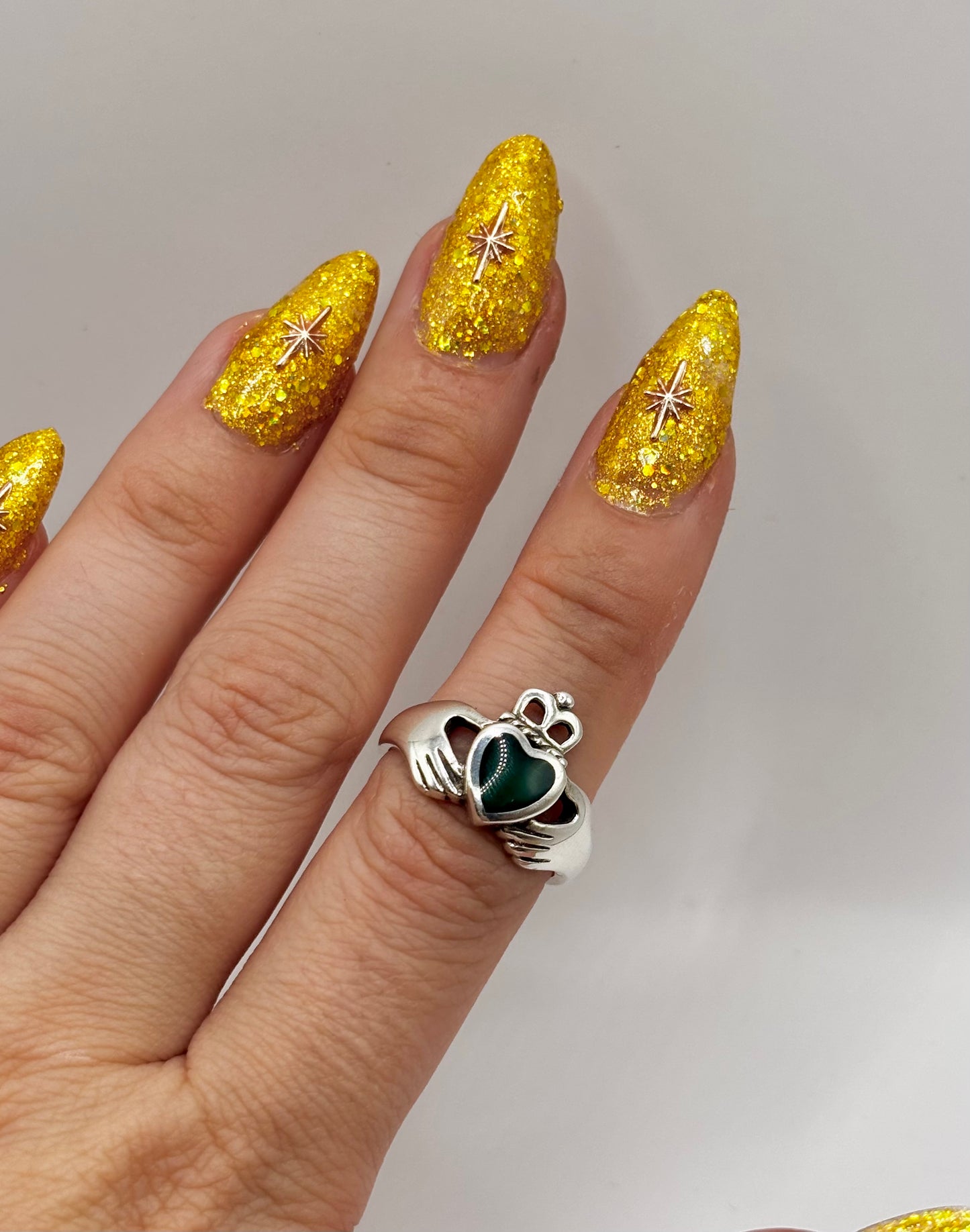 Sterling Silver Claddagh Ring with Green Heart, Size K1/2