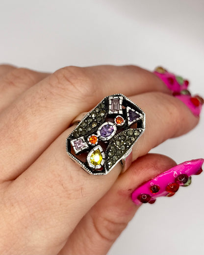 Vintage Sterling Silver Multi-Gem Colourful Ring, size P