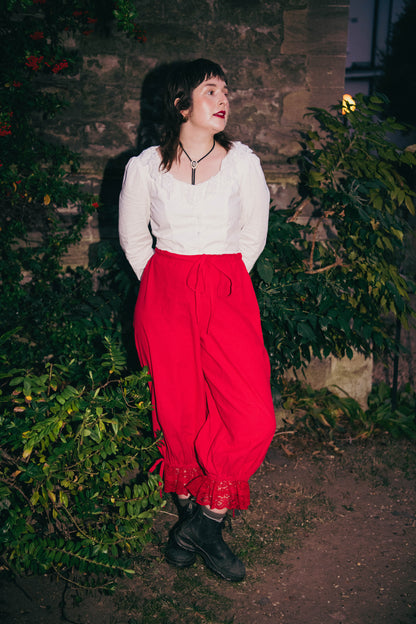 Bloomer Trousers | Red Linen with Vintage Lace | Made to order