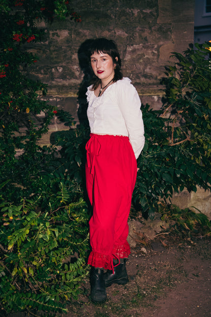 Bloomer Trousers | Red Linen with Vintage Lace | Made to order