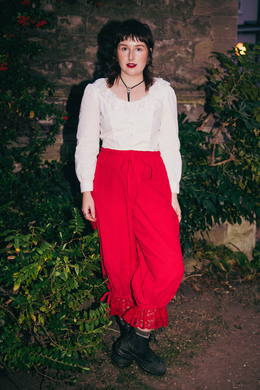 Bloomer Trousers | Red Linen with Vintage Lace | Made to order