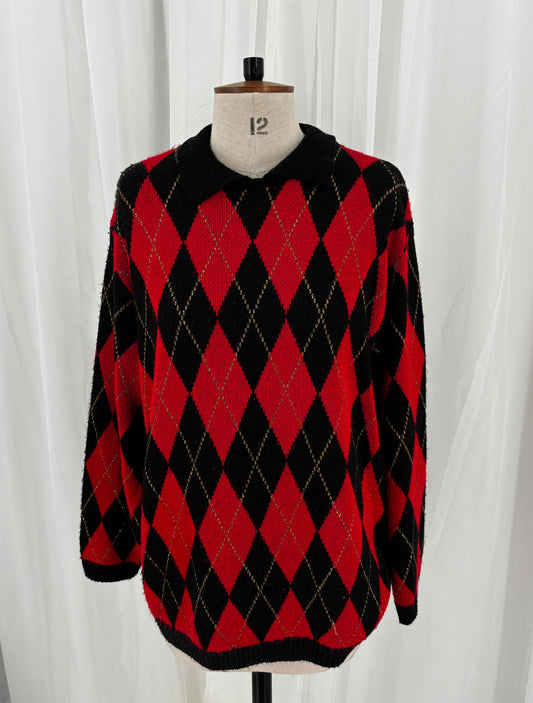 Red & Black Statement Argyle Knit Jumper