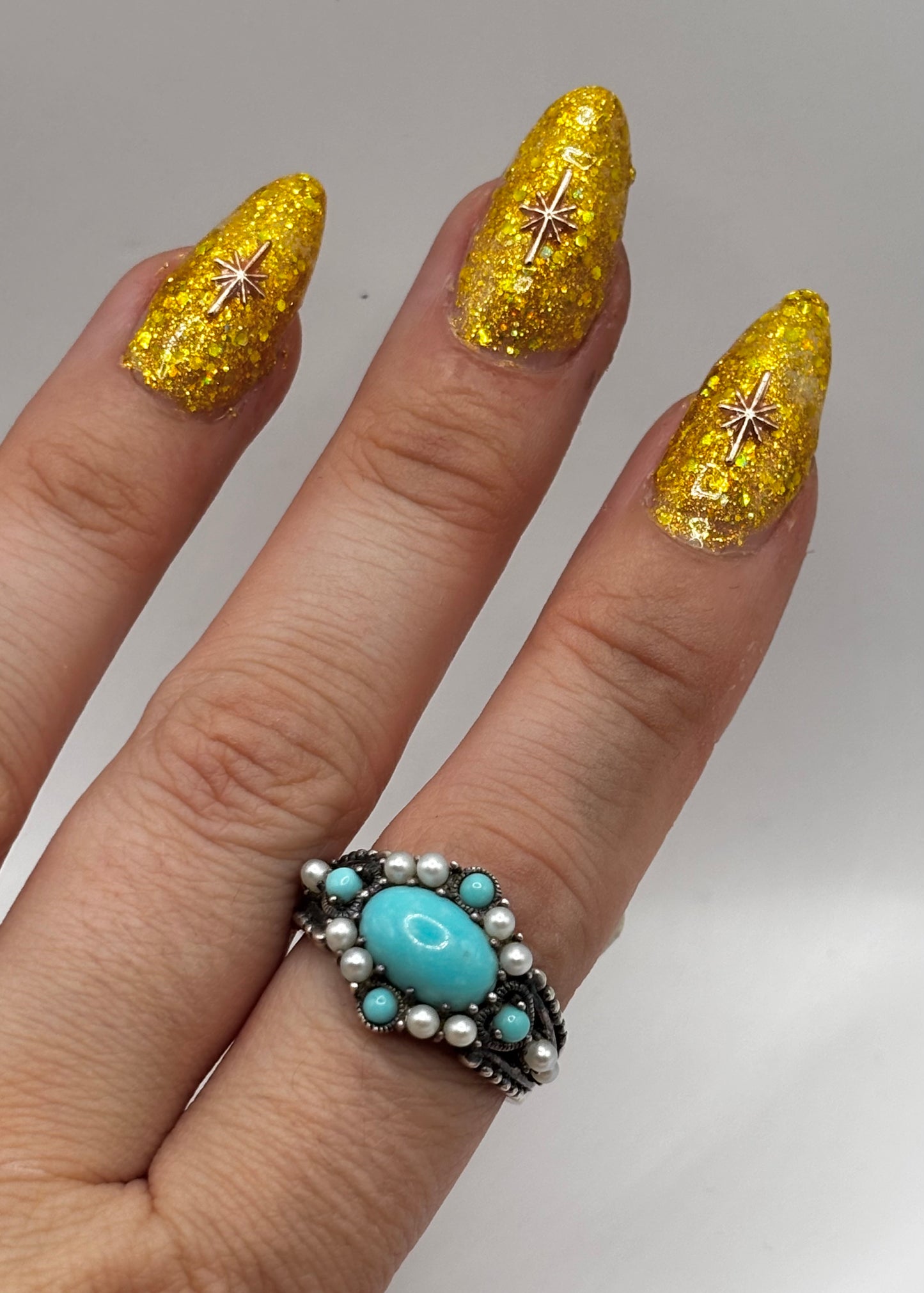 Vintage Sterling Silver Ring with Turquoise and Pearls UK Size P