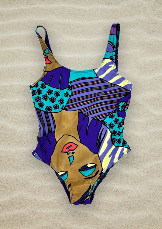 Vintage Swimsuit in Blue Face Print