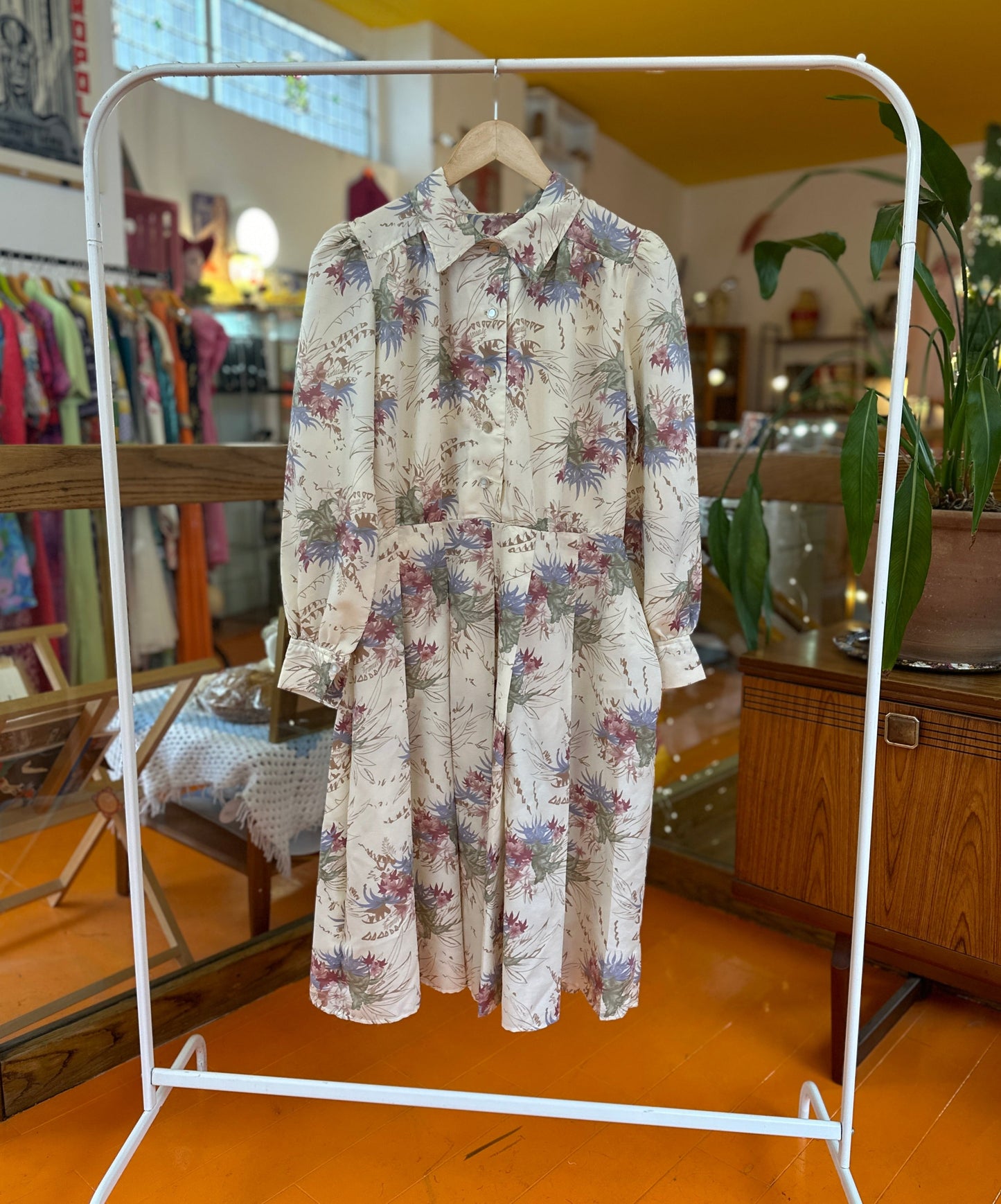 Vintage Beige Floral Shirt Dress
