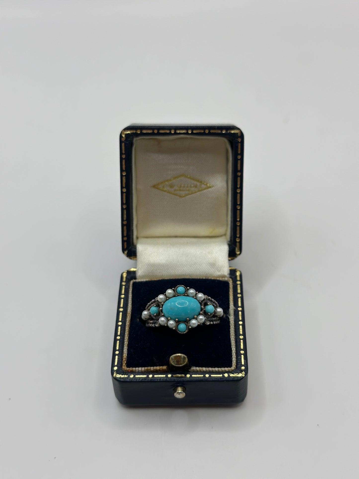 Vintage Sterling Silver Ring with Turquoise and Pearls UK Size P