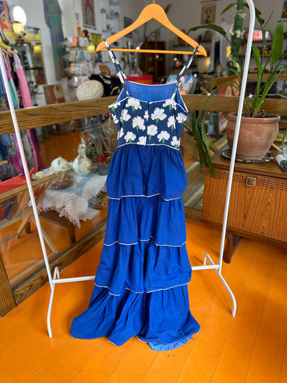1970s Blue Tiered Strappy Dress
