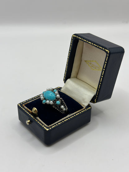 Vintage Sterling Silver Ring with Turquoise and Pearls UK Size P