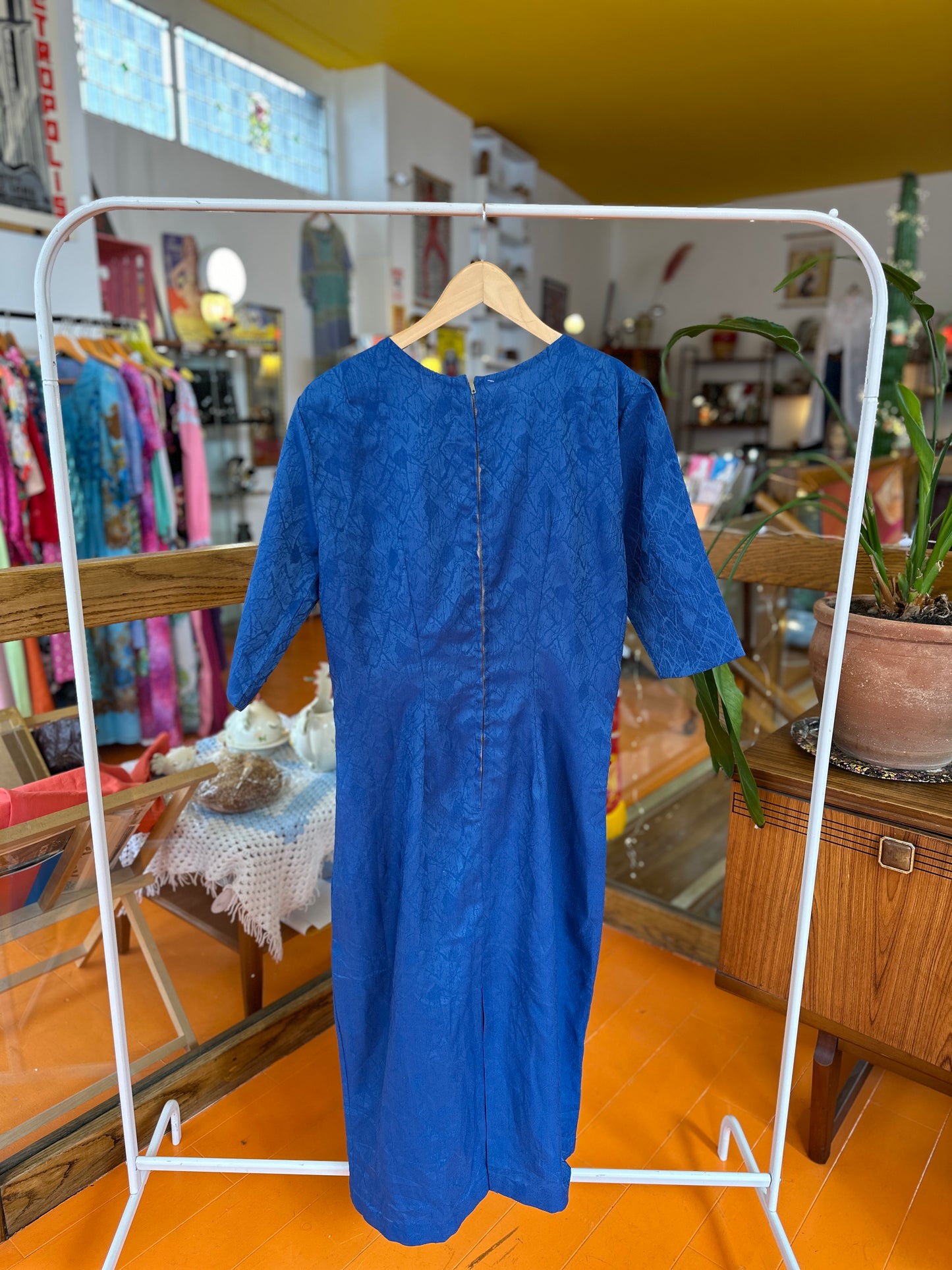 1960s Blue Maxi Dress with Floral Motif at Neck