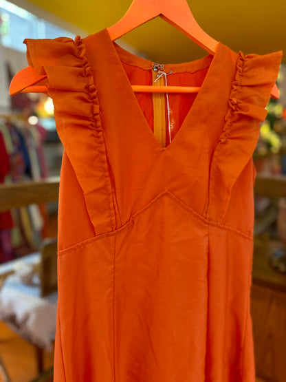 Vintage Orange Maxi Dress with Frill Details