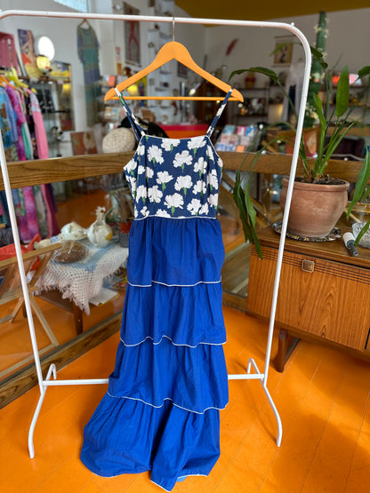 1970s Blue Tiered Strappy Dress