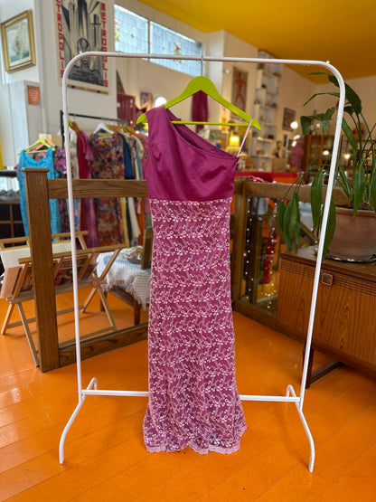 Vintage One-Shoulder Pink and Lace Dress