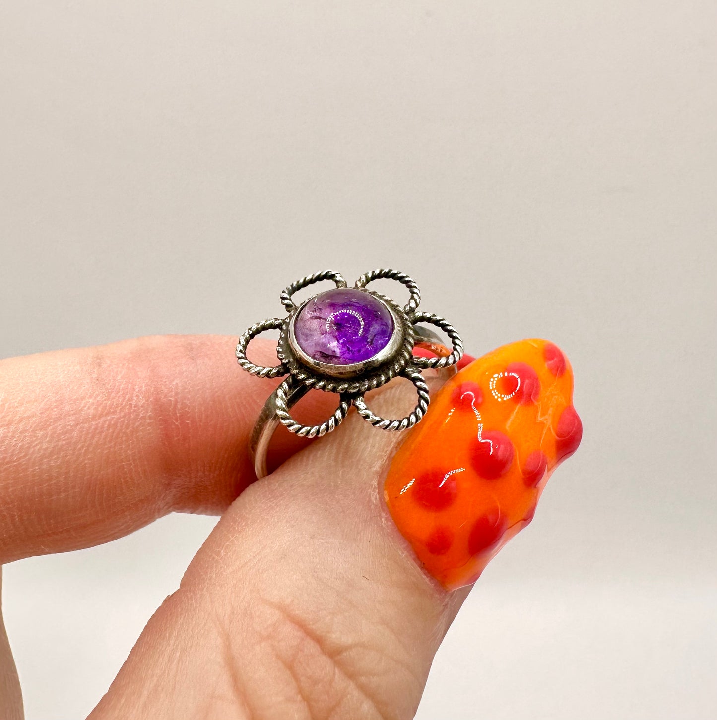 Vintage 925 Silver Boho Flower Ring with Amethyst, UK J1/2