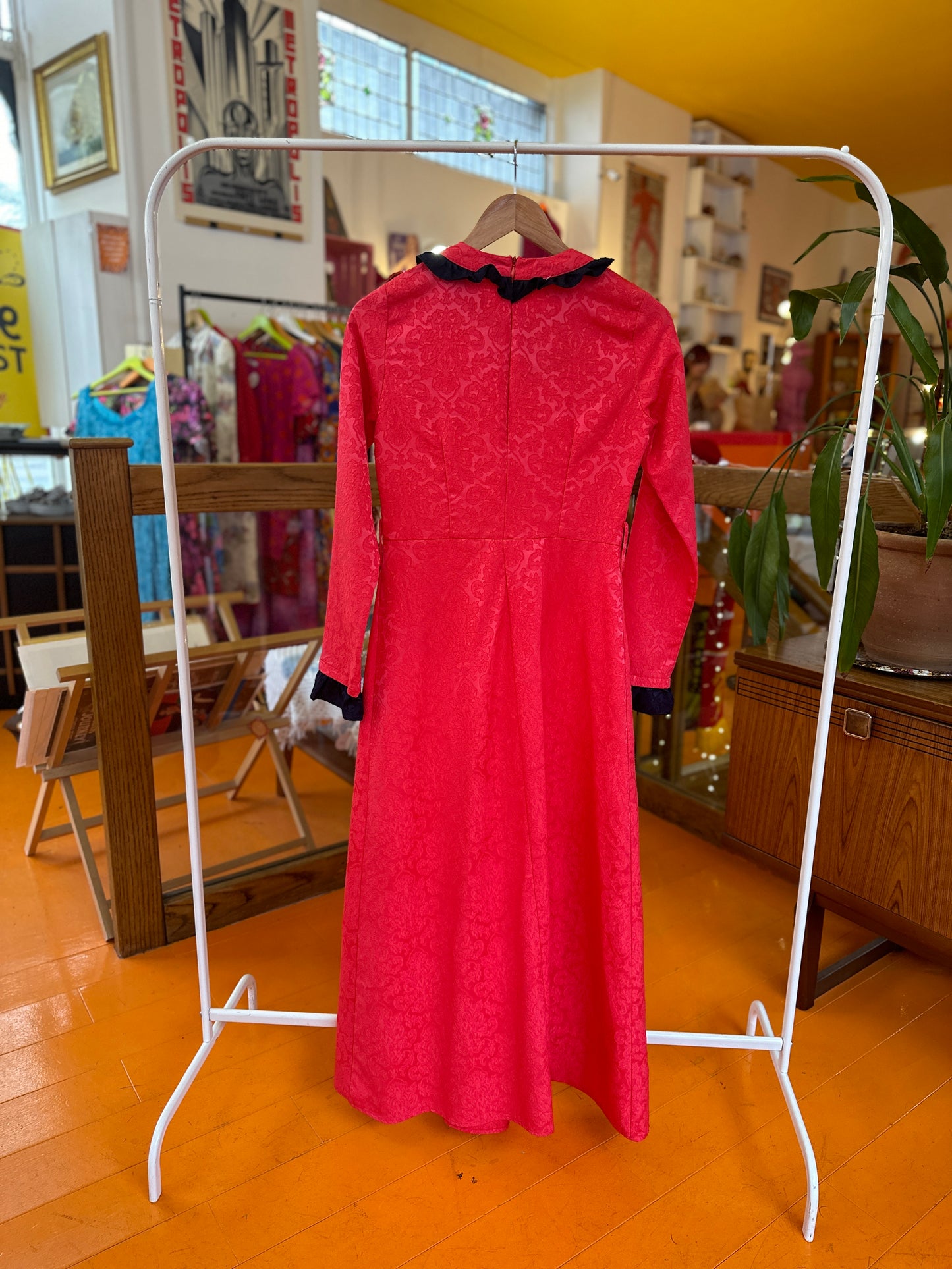 Vintage Pink Maxi Dress with Navy Frill Neck