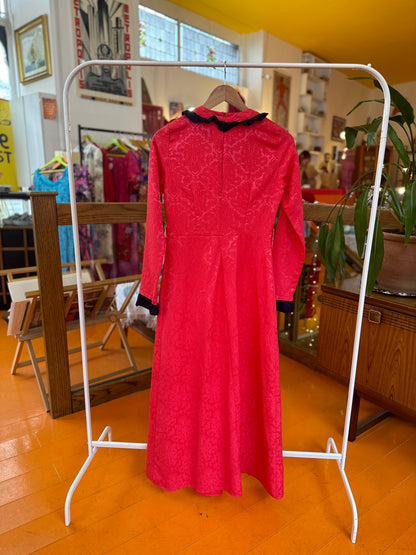 Vintage Pink Maxi Dress with Navy Frill Neck
