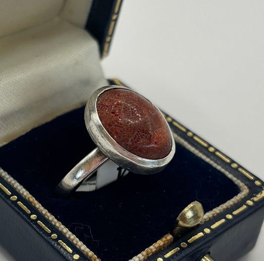 Vintage Sterling Silver Ring with Organic Brown Stone, UK Size M1/2