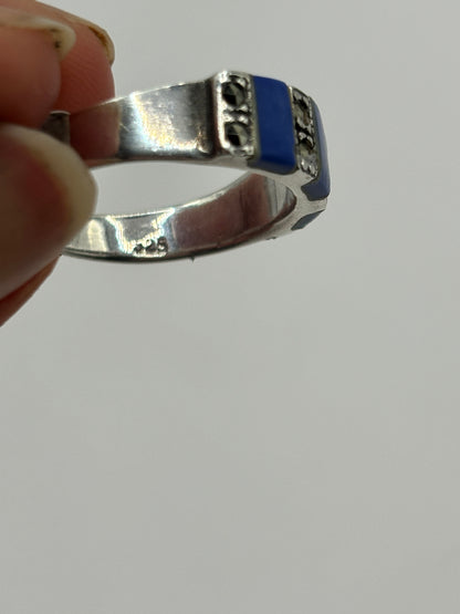 Vintage Sterling Silver Ring, UK Size O1/2, Lapis and Marcasites