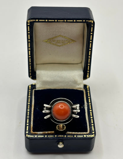 Vintage Sterling Silver Ring with Coral, Size Q