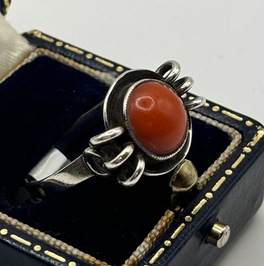 =Vintage Sterling Silver Ring with Coral, Size Q