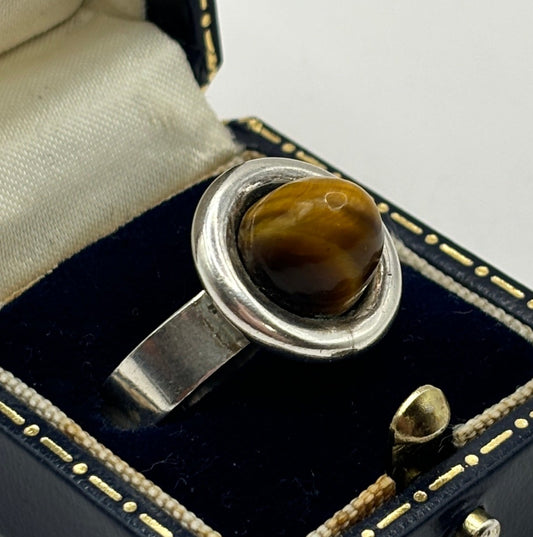 =Vintage Sterling Silver Ring with Tiger's Eye, Adjustable