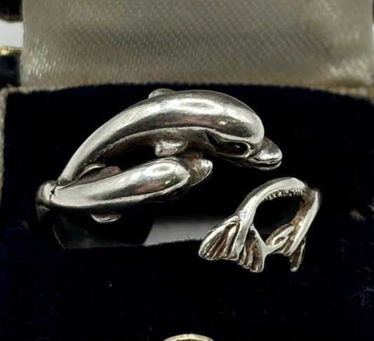 =Vintage Sterling Silver Dolphin Ring, Adjustable, UK P