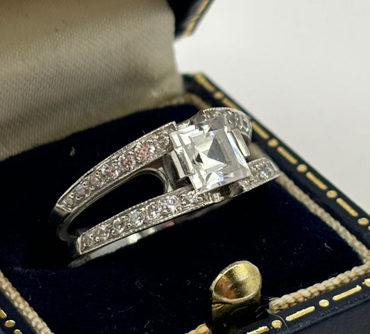 Vintage Sterling Silver Ring with Clear Stones, Size M