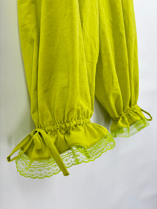 Bloomer Trousers | Lime Green Linen with Vintage Lace | Made to order