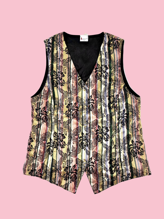 Vintage Metallic Stripe Waistcoat with Floral Motifs
