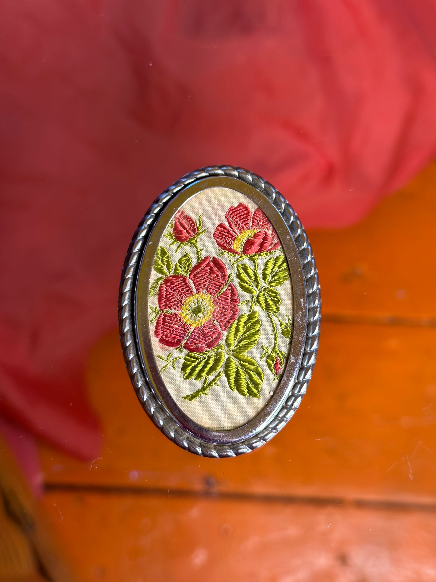 Red Flower Silk Embroidered Brooch 1940s #10