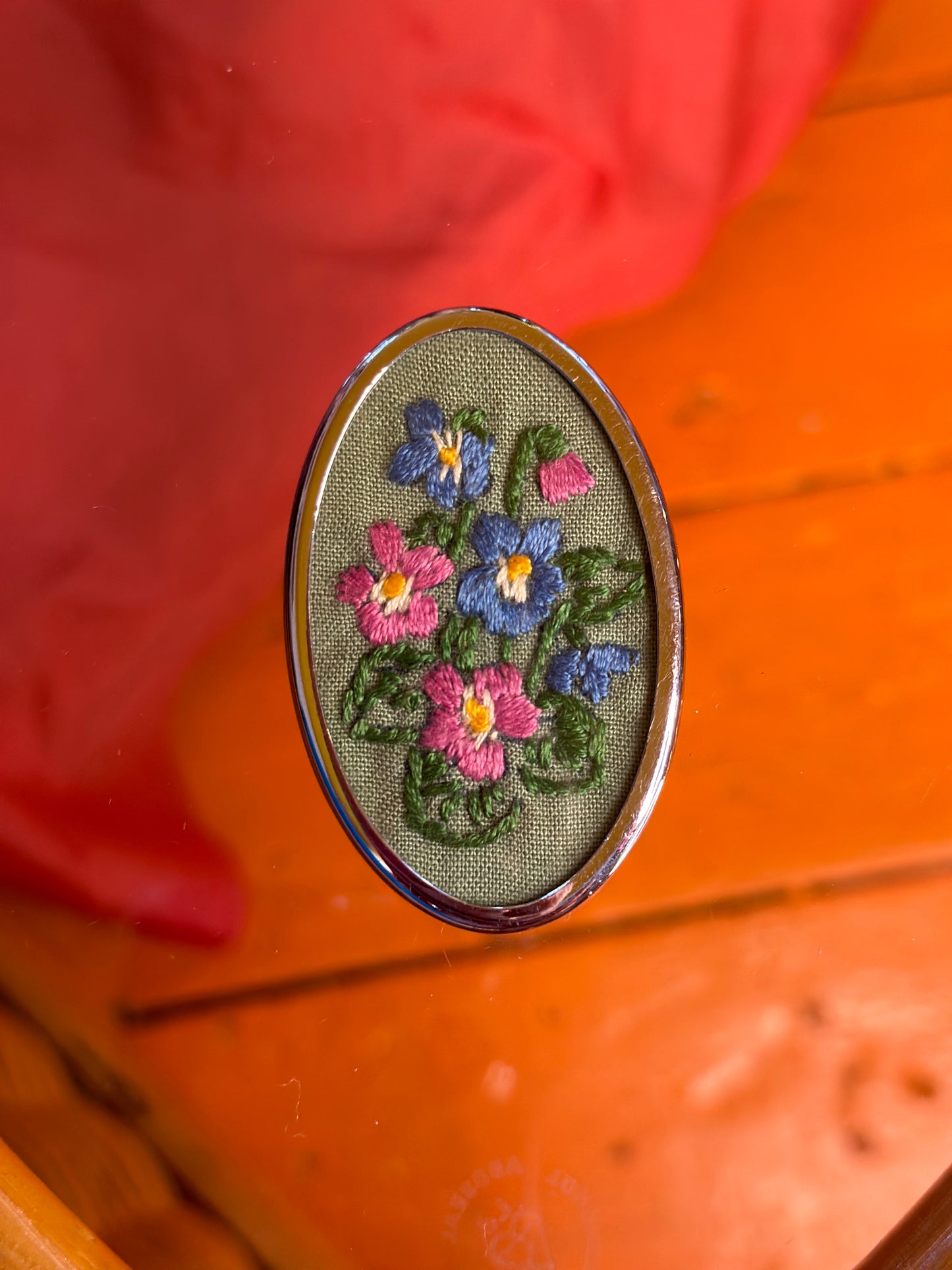 Blue & Pink Floral Embroidered Handmade Brooch 1940s #41