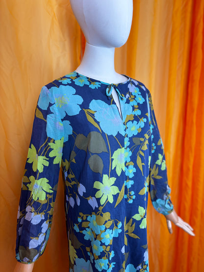 Vintage 70s Handmade Blue Floral Shift Dress UK 10-12