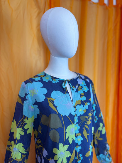 Vintage 70s Handmade Blue Floral Shift Dress UK 10-12