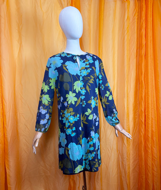 Vintage 70s Handmade Blue Floral Shift Dress UK 10-12